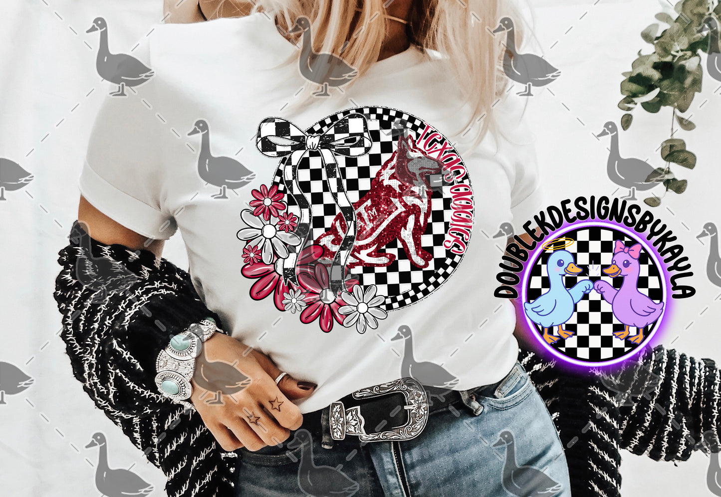 Texas A&M Aggies Digital Design – Glitter Mascot with Checker Bow & Floral Accent
