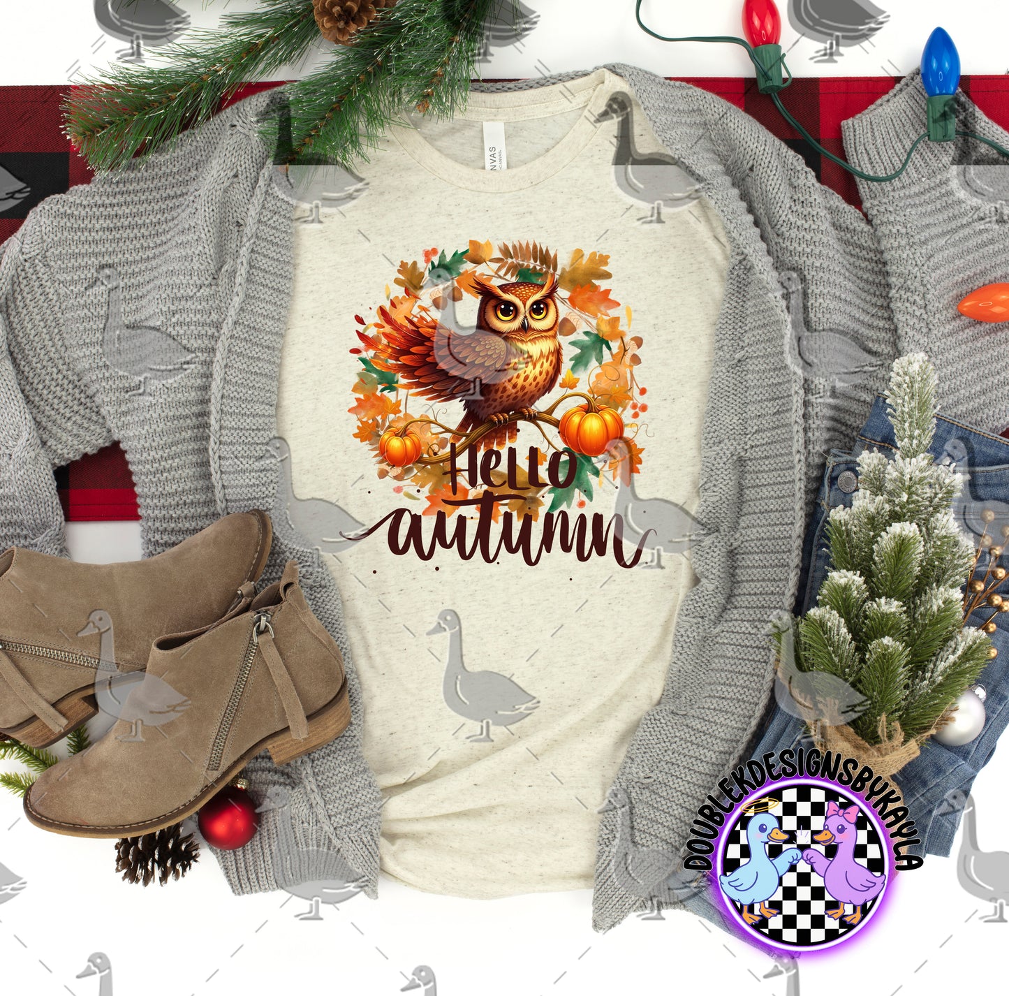 Hello Autumn Owl Digital Design | Fall Pumpkin & Leaves