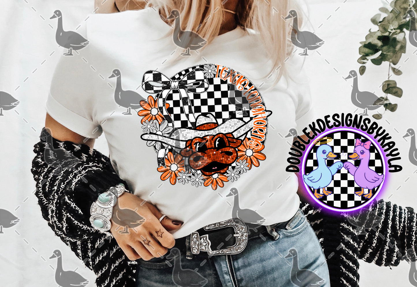 Texas Longhorns PNG | Checkerboard Floral Circle Game Day Design
