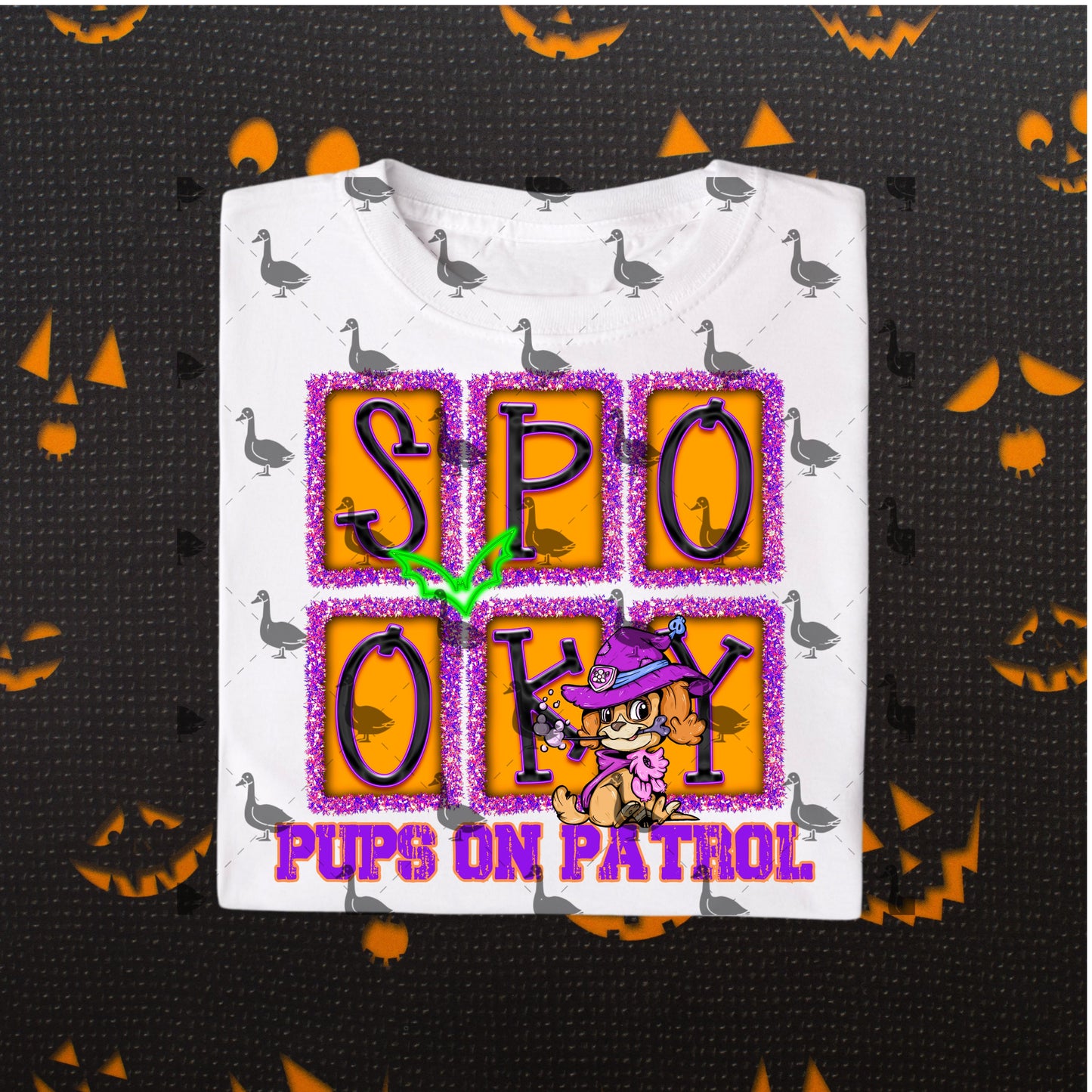 Spooky Pups on Patrol – Witch Pup Halloween PNG | Glitter Block Letter Digital Download