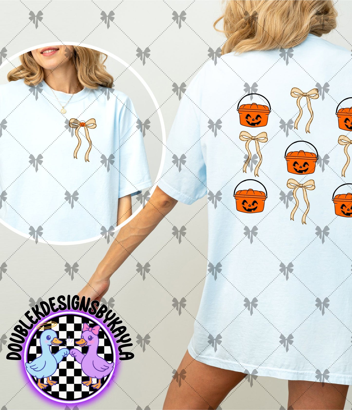 Halloween Pumpkin Bucket & Bow PNG – Cute Front/Back Tee Sublimation Design