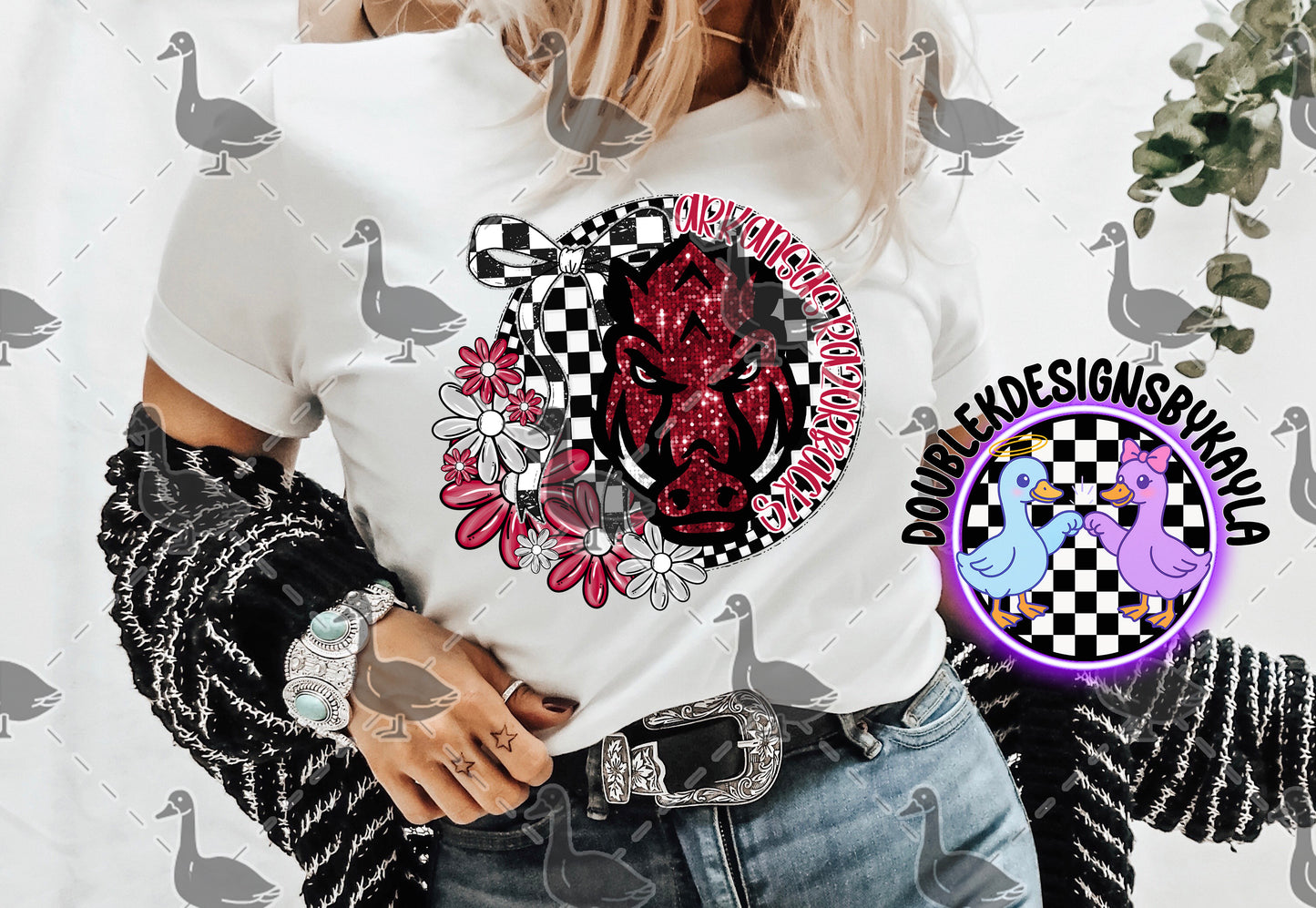 Arkansas Razorbacks Digital Design – Checker Bow & Floral Sports Graphic