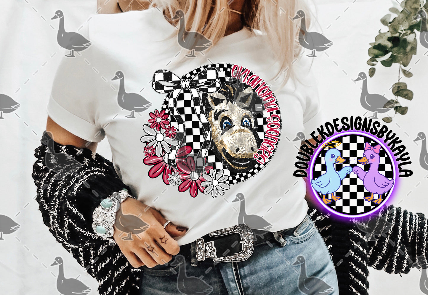 Oklahoma Sooners Digital Design – Glitter Mascot with Checker Bow & Floral Accent
