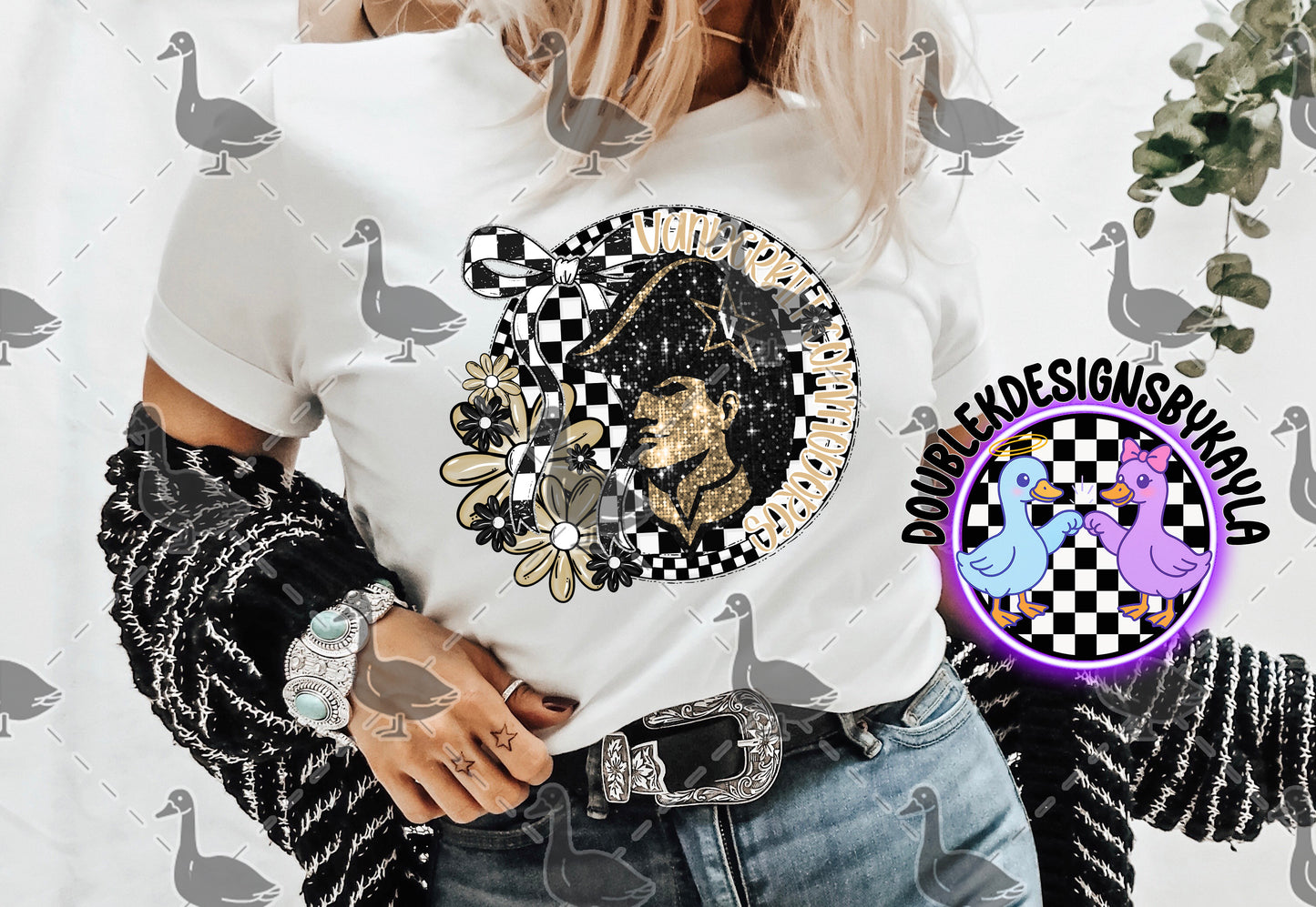 Vanderbilt Commodores Digital Design – Glitter Mascot with Checker Bow & Floral Accent
