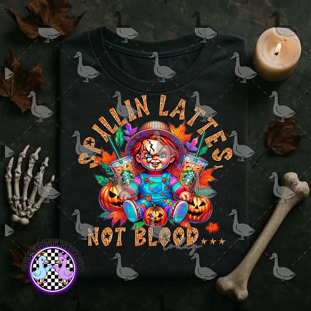 Spillin’ Lattes Not Blood Digital Design | Creepy Doll Halloween Coffee PNG