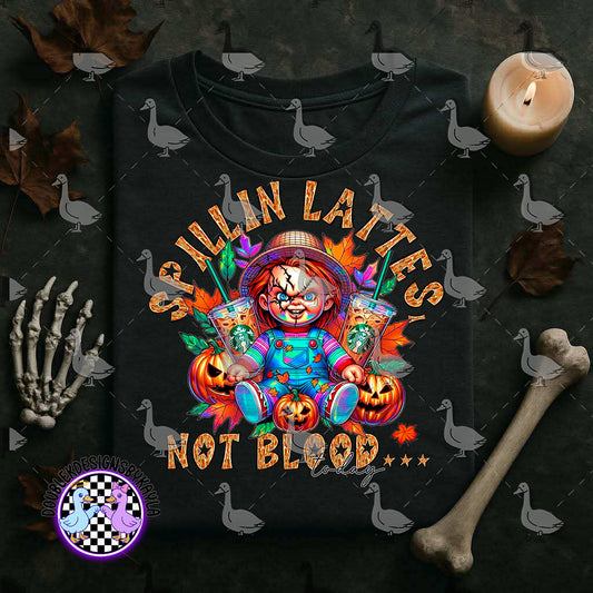Spillin’ Lattes Not Blood Digital Design | Creepy Doll Halloween Coffee PNG