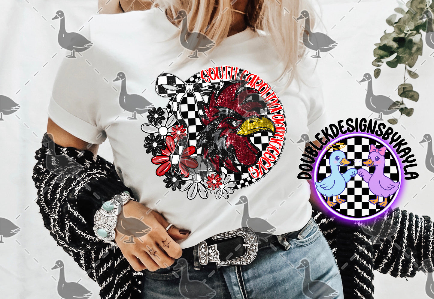 South Carolina Gamecocks PNG | Checkerboard Floral Circle Game Day Design